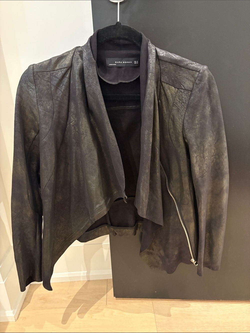 Zara Black Asymmetric Draped Faux-Leather Jacket